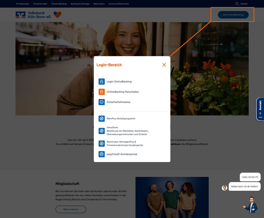 Screenshot der Seite Volksbank Köln Bonn eG