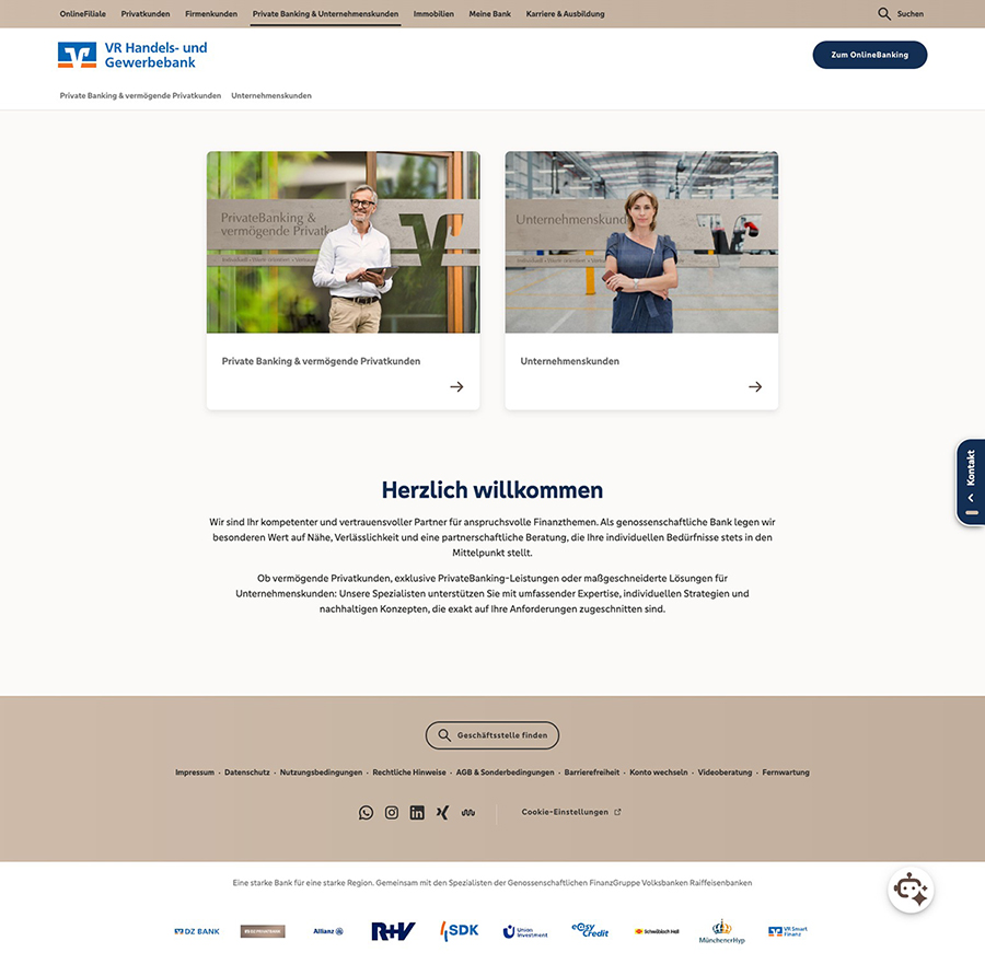 PrivateBanking Unternehmenskunden VR Handels und Gewerbebank eG Screenshot der Seite PrivateBanking Unternehmenskunden VR Handels und Gewerbebank eG